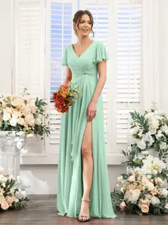 A-Line/Princess V-Neck Short Sleeves Floor-Length Bridesmaid Dresses with Split Side — LV99155765 — view 62