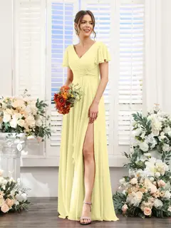 A-Line/Princess V-Neck Short Sleeves Floor-Length Bridesmaid Dresses with Split Side — LV99155765 — view 70