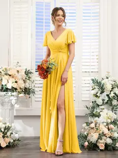 A-Line/Princess V-Neck Short Sleeves Floor-Length Bridesmaid Dresses with Split Side — LV99155765 — view 72