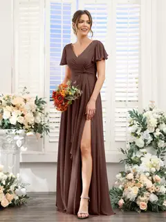 A-Line/Princess V-Neck Short Sleeves Floor-Length Bridesmaid Dresses with Split Side — LV99155765 — view 77