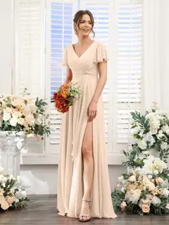 A-Line/Princess V-Neck Short Sleeves Floor-Length Bridesmaid Dresses with Split Side — LV99155765 — view 80