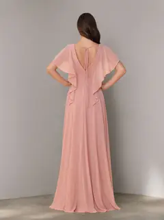 A-Line/Princess V-Neck Short Sleeves Chiffon Floor-Length Bridesmaid Dresses with Split Side & Ruched — view 3