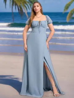A-Line/Princess Square Neck Short Sleeves Chiffon Plus Size Bridesmaid Dresses with Ruffles & Split Side — view 1