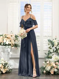 A-Line/Princess V-Neck Spaghetti Straps Floor-Length Bridesmaid Dresses with Pockets — view 60