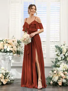 A-Line/Princess V-Neck Spaghetti Straps Floor-Length Bridesmaid Dresses with Pockets — view 79
