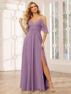 A-Line/Princess Spaghetti Straps V-Neck Floor-Length Bridesmaid Dresses with Split Side — view 41