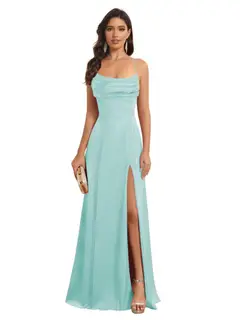 A-Line/Princess Spaghetti Straps Sleeveless Floor Length Bridesmaid Dresses Satin With Split Slide — view 9