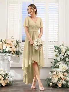 A-Line/Princess V-Neck Short Sleeves Asymmetrical Chiffon Bridesmaid Dresses with Ruched — view 25