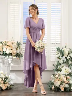 A-Line/Princess V-Neck Short Sleeves Asymmetrical Chiffon Bridesmaid Dresses with Ruched — view 41