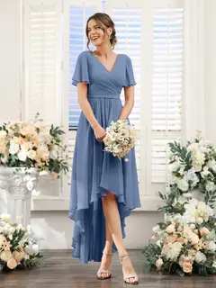 A-Line/Princess V-Neck Short Sleeves Asymmetrical Chiffon Bridesmaid Dresses with Ruched — view 52