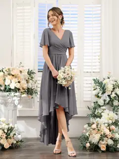 A-Line/Princess V-Neck Short Sleeves Asymmetrical Chiffon Bridesmaid Dresses with Ruched — view 75