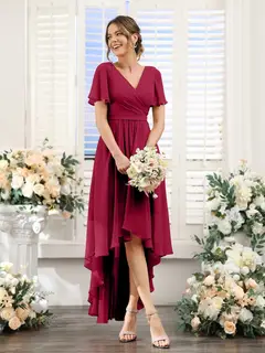 A-Line/Princess V-Neck Short Sleeves Asymmetrical Chiffon Bridesmaid Dresses with Ruched — view 80
