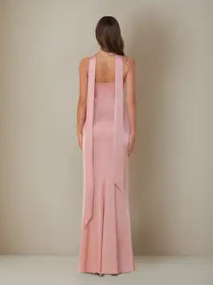 Sheath/Column Spaghetti Straps Sleeveless Floor-Length Ruched Silk Satin Plus Size Bridesmaid Dresses with Neck Scarf — view 2