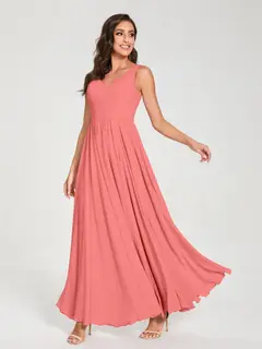 A-Line/Princess Chiffon V-Neck Sleeveless Floor-Length Bridemaid Dresses With Pleats — view 33