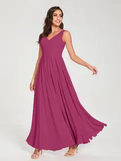 A-Line/Princess Chiffon V-Neck Sleeveless Floor-Length Bridemaid Dresses With Pleats — view 36
