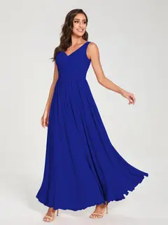 A-Line/Princess Chiffon V-Neck Sleeveless Floor-Length Bridemaid Dresses With Pleats — view 56
