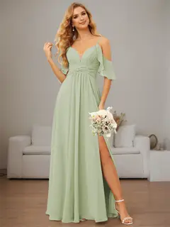 A-Line/Princess Spaghetti Straps Sleeveless Floor Length Bridesmaid Dresses Chiffon with Ruffles Split — view 1