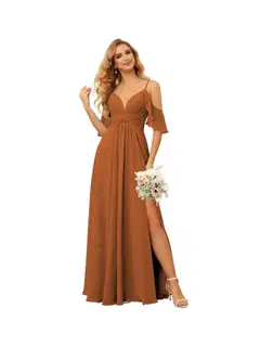 A-Line/Princess Spaghetti Straps Sleeveless Floor Length Bridesmaid Dresses Chiffon with Ruffles Split — view 5