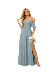 A-Line/Princess Spaghetti Straps Sleeveless Floor Length Bridesmaid Dresses Chiffon with Ruffles Split — view 9