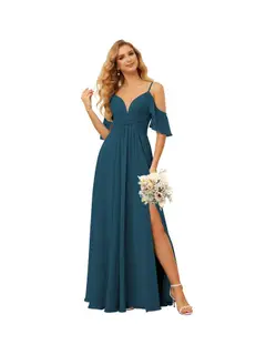 A-Line/Princess Spaghetti Straps Sleeveless Floor Length Bridesmaid Dresses Chiffon with Ruffles Split — view 28