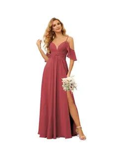 A-Line/Princess Spaghetti Straps Sleeveless Floor Length Bridesmaid Dresses Chiffon with Ruffles Split — view 29
