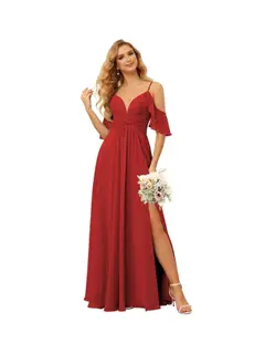 A-Line/Princess Spaghetti Straps Sleeveless Floor Length Bridesmaid Dresses Chiffon with Ruffles Split — view 38
