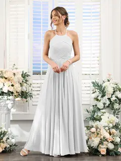 A-Line/Princess Halter Sleeveless Floor-Length Chiffon Bridesmaid Dresses with Ruched — view 20