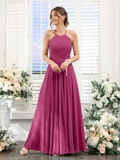 A-Line/Princess Halter Sleeveless Floor-Length Chiffon Bridesmaid Dresses with Ruched — view 35