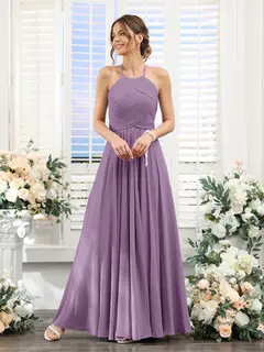 A-Line/Princess Halter Sleeveless Floor-Length Chiffon Bridesmaid Dresses with Ruched — view 40