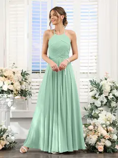 A-Line/Princess Halter Sleeveless Floor-Length Chiffon Bridesmaid Dresses with Ruched — view 61