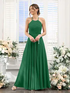 A-Line/Princess Halter Sleeveless Floor-Length Chiffon Bridesmaid Dresses with Ruched — view 67