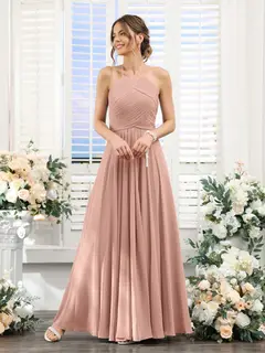 A-Line/Princess Halter Sleeveless Floor-Length Chiffon Bridesmaid Dresses with Ruched — view 77