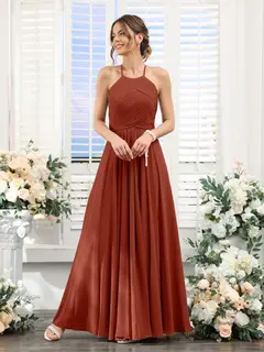 A-Line/Princess Halter Sleeveless Floor-Length Chiffon Bridesmaid Dresses with Ruched — view 78