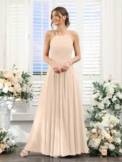 A-Line/Princess Halter Sleeveless Floor-Length Chiffon Bridesmaid Dresses with Ruched — view 79