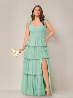 A-Line/Princess Scoop Neck Sleeveless Floor-Length Plus Size Bridesmaid Dress with Ruffles & Split Side — view 1