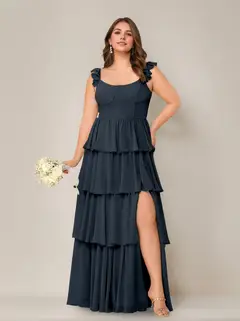 A-Line/Princess Scoop Neck Sleeveless Floor-Length Plus Size Bridesmaid Dress with Ruffles & Split Side — view 32