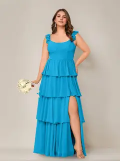 A-Line/Princess Scoop Neck Sleeveless Floor-Length Plus Size Bridesmaid Dress with Ruffles & Split Side — view 33