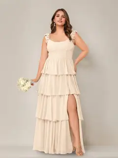 A-Line/Princess Scoop Neck Sleeveless Floor-Length Plus Size Bridesmaid Dress with Ruffles & Split Side — view 37