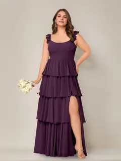 A-Line/Princess Scoop Neck Sleeveless Floor-Length Plus Size Bridesmaid Dress with Ruffles & Split Side — view 39
