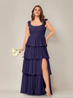 A-Line/Princess Scoop Neck Sleeveless Floor-Length Plus Size Bridesmaid Dress with Ruffles & Split Side — view 42