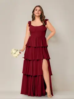 A-Line/Princess Scoop Neck Sleeveless Floor-Length Plus Size Bridesmaid Dress with Ruffles & Split Side — view 53