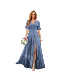 A-Line/Princess V Neck Short Sleeve Floor Length Bridesmaid Dresses Chiffon with Slit — view 8