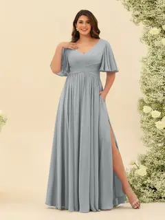 A-Line V-Neck Half Sleeves Plus Size Chiffon Bridesmaid Dresses With Split Side — view 19