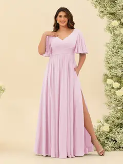 A-Line V-Neck Half Sleeves Plus Size Chiffon Bridesmaid Dresses With Split Side — view 22