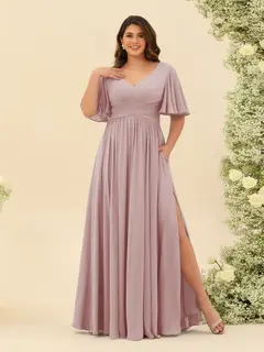A-Line V-Neck Half Sleeves Plus Size Chiffon Bridesmaid Dresses With Split Side — view 27