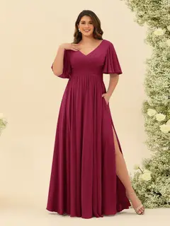 A-Line V-Neck Half Sleeves Plus Size Chiffon Bridesmaid Dresses With Split Side — view 34