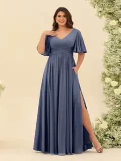 A-Line V-Neck Half Sleeves Plus Size Chiffon Bridesmaid Dresses With Split Side — view 54