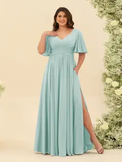 A-Line V-Neck Half Sleeves Plus Size Chiffon Bridesmaid Dresses With Split Side — view 57