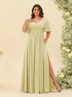 A-Line V-Neck Half Sleeves Plus Size Chiffon Bridesmaid Dresses With Split Side — view 65