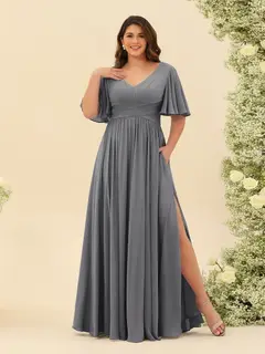 A-Line V-Neck Half Sleeves Plus Size Chiffon Bridesmaid Dresses With Split Side — view 71